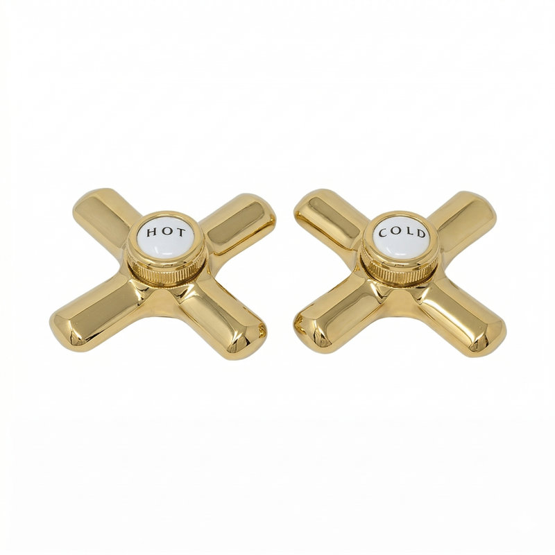 P0217 Crosspoint Handles with Porcelain Button, Unlacquered Polished Brass