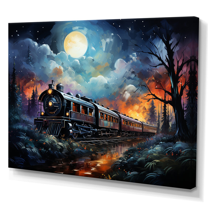 «Orange Moonlight Countryside Train Journey II» - art mural train, H 34 po x l 44 po x P 1,5 po, Toile tendue
