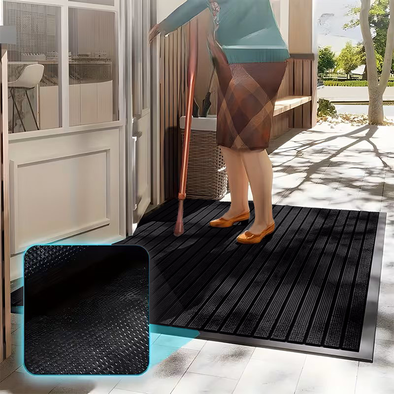 Non-Slip Indoor/Outdoor Hallway Kitchen Bedroom Rubber Door Mat, BLACK, 80x150