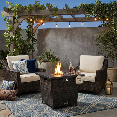 Arlmont & Co. 28" Square Propane Gas Fire Pit Table With Mixed Material Wicker Base, Venting Steel Top, And Lava Rocks, 50,000 Btu - Deep Brown/Black