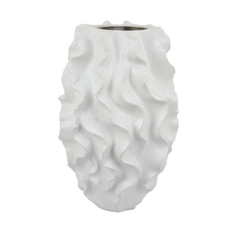 Vase décoratif, céramique blanche, motif ondulé texturé de 19 pouces