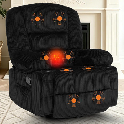 Fauteuil inclinable surdimensionné, très large, pivotant sur 360 ° et chauffant à bascule pivotant | Fauteuil inclinable en velours côtelé avec porte-gobelets, poche latérale, rangement pour accoudoirs, fauteuil inclinable électrique pour le salon