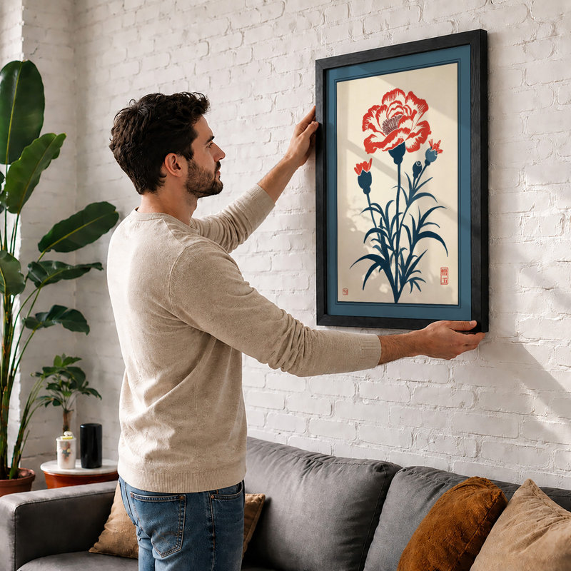 Carnation in Red Botanical - Framed Print, Black, A3 - 42.0 x 29.7 cm
