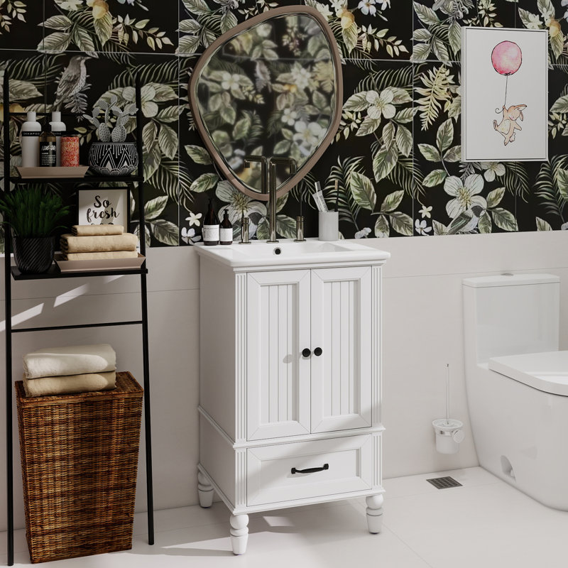 Meuble-lavabo de 20 po avec lavabo, armoire de salle de bain avec deux portes, butoir de porte magnétique et patins réglables, tiroir blanc