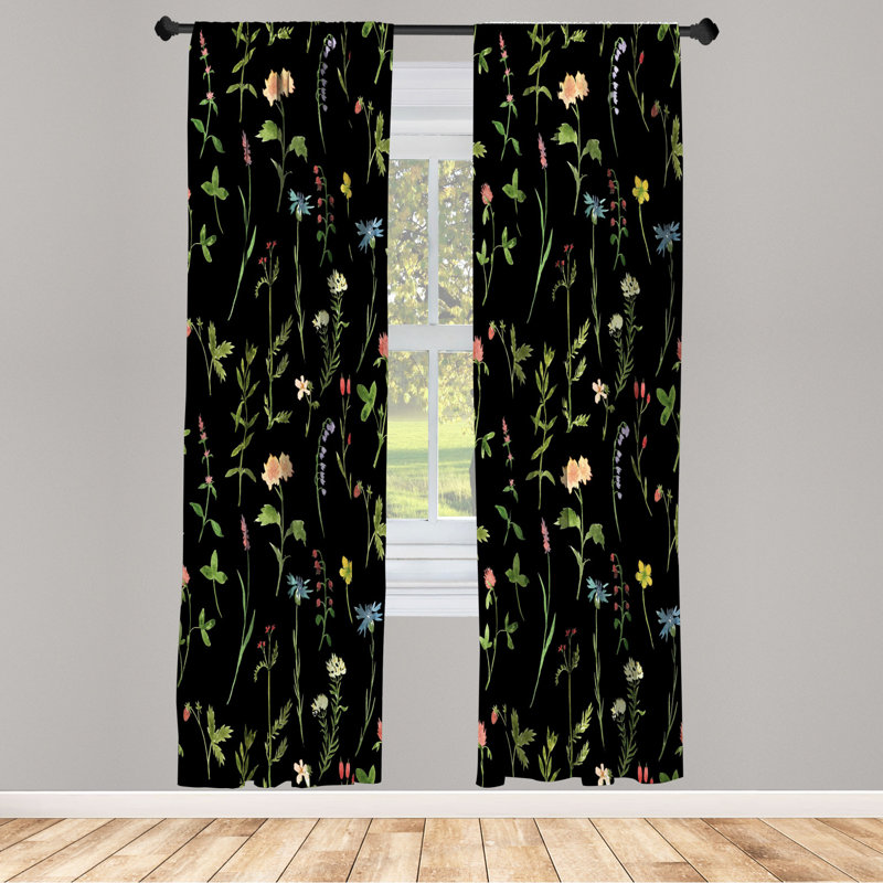 Microfiber Floral Semi-Sheer Rod Pocket Curtain Panels, 28" W x 95" L, Black/Yellow