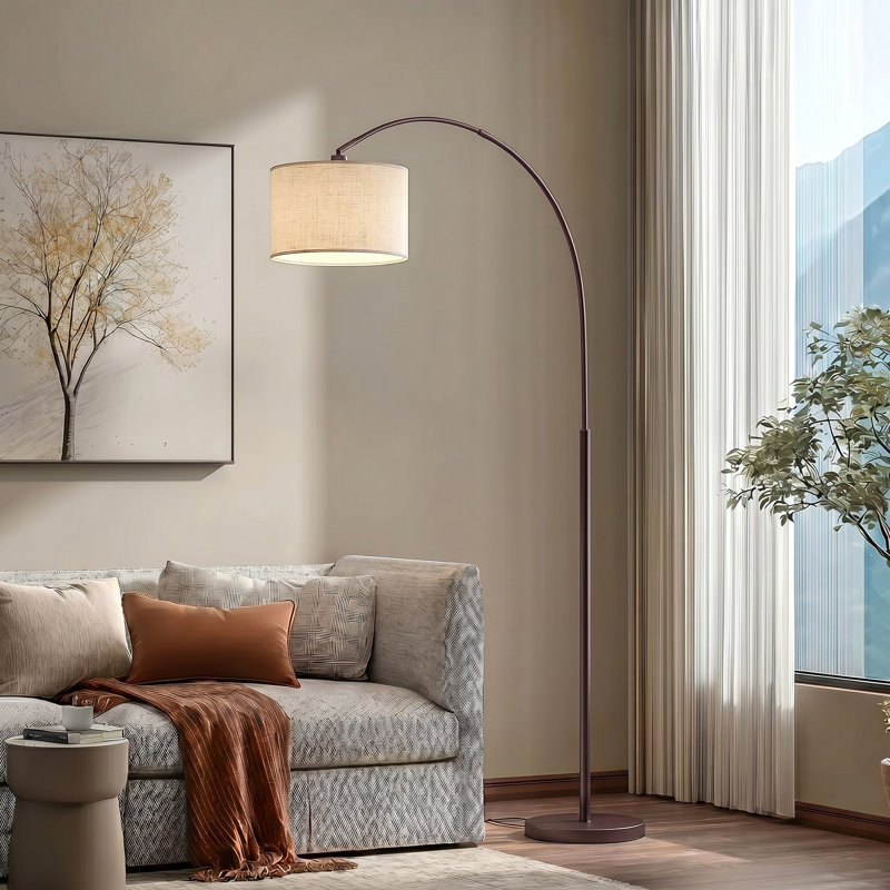 Arc Floor Lamp With Remote, Modern Standing Lamp For Living Room With Stepless Dimmable Bulb, Drum Shade, Foot Switch, Tall Floor Lamp For Farmhouse Bedroom Night Stand (Brown)