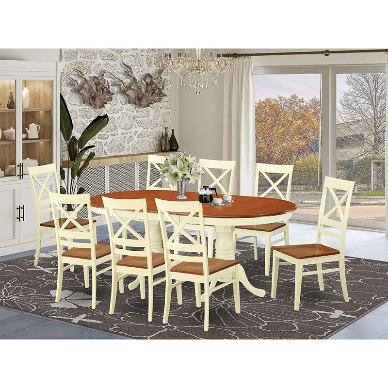 9 Piece Dining Room Furniture Set Includes an Oval Kitchen Table with Butterfly Leaf and 8 Dining Chairs, Buttermilk & Cherry