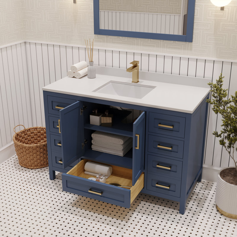 Rooh 48'' Single Bathroom Vanity with White Quartz Top, Brushed Gold, Blue