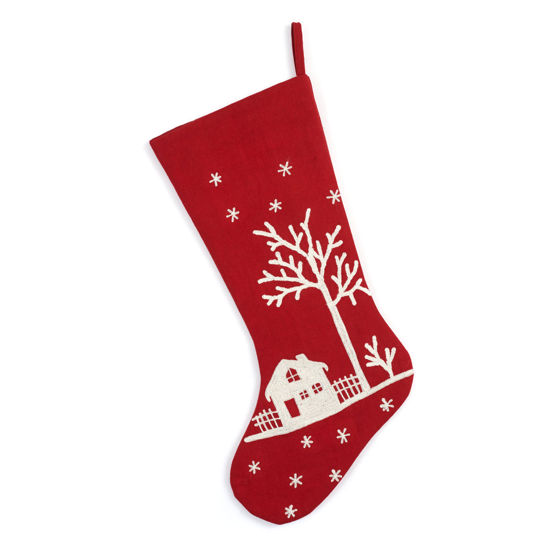 Handmade Christmas Stocking - Snowy Village Embroidered Scene on Red Arcadia Home