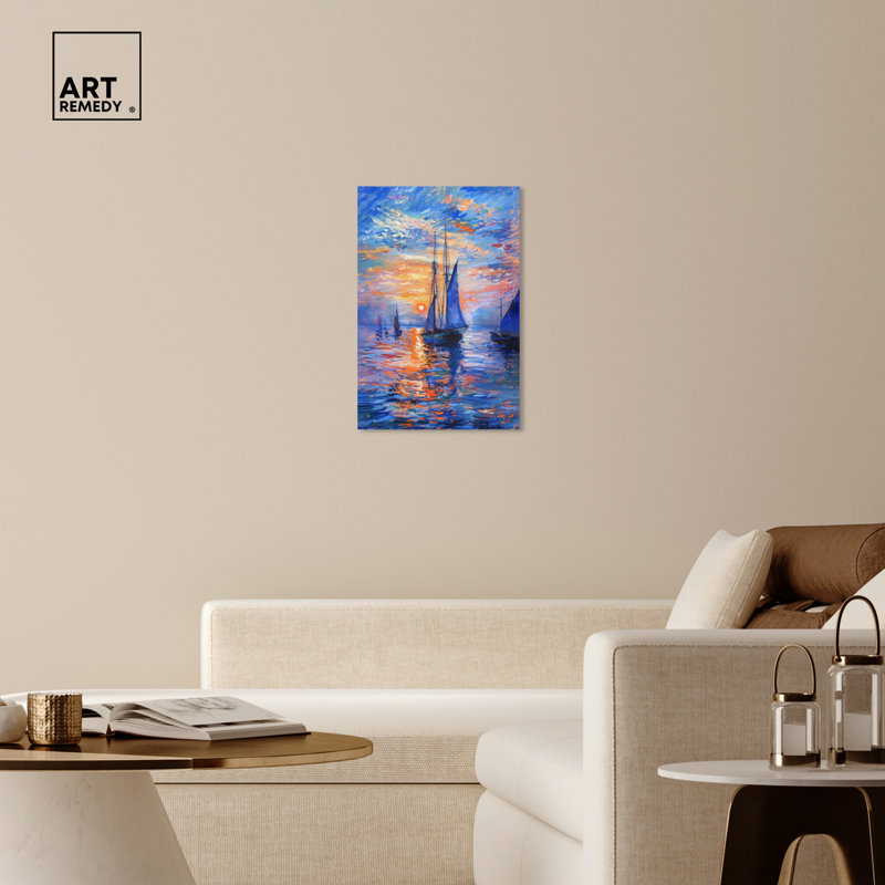 Night Sea Breeze Sailing Canvas Wall Art, 20" x 30", Blue and Orange