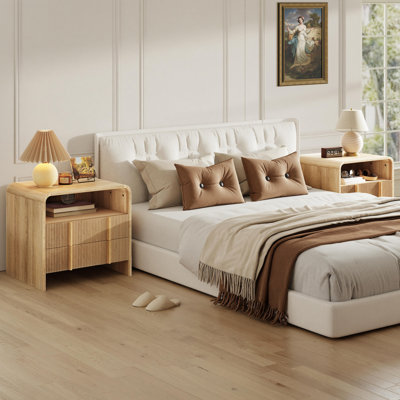 Modern Wood Grain Nightstand with Drawer and Open Shelf Storage