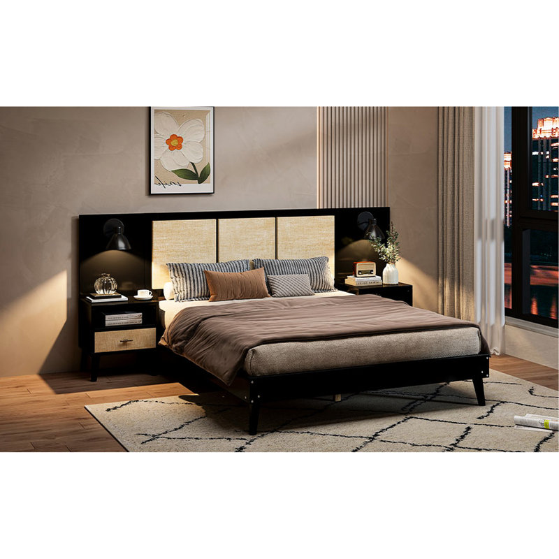 Élégante base de lit en bois massif noir avec 2 tables de chevet et lampes, fusionnant pour un look de chambre à coucher noir élégant. Fabrication, tendance