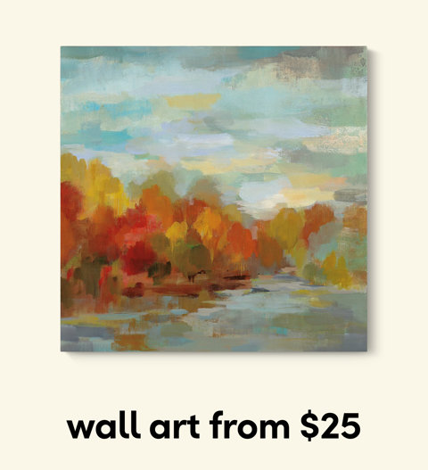 Impressionist landscape painting featuring autumn trees in warm orange and yellow tones reflecting over water with a soft blue sky, wall art from $25.