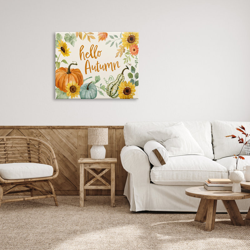«Hello Autumn Orange Calligraphy Fall Plants Border Black», estampe numérique encadrée de Victoria Barnes, Toile tendue