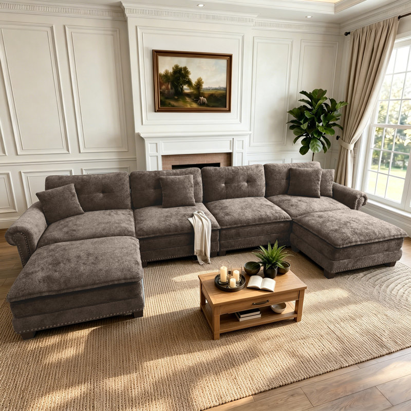 Canapé modulaire de 150 po avec 2 repose-pieds, surdimensionné et profond en chenille avec garniture cloutée