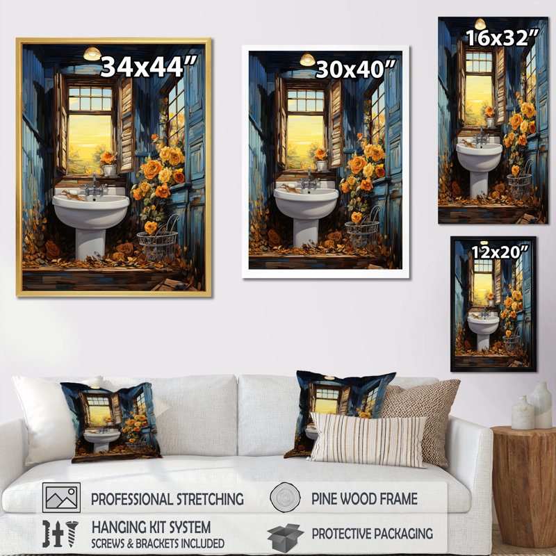"Bathroom" sarcelle, reproduction d'art sur toile, Cadre flottant doré, H 32 po x l 24 po x P 1 po