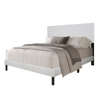 Modern PU Platform Bed Frame with Headboard, Natural Wood Slat Base Support, No Box Spring Needed, Sturdy Quiet Construction, Minimalist Contemporary Bedroom Furniture, Easy Assembly