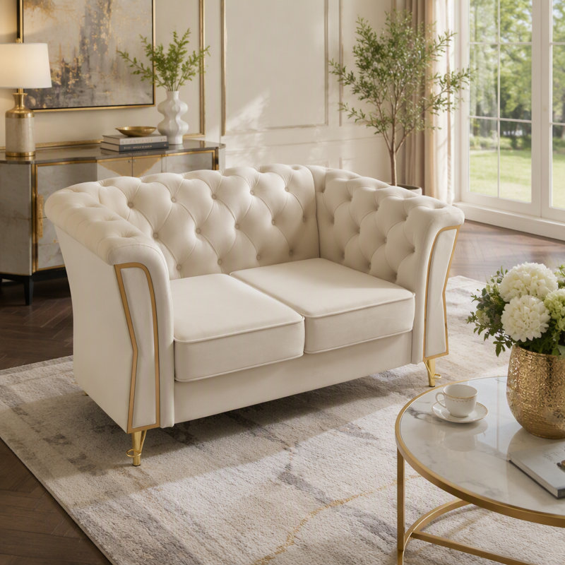 Canapé moderne en velours capitonné, 222 cm, beige, salon