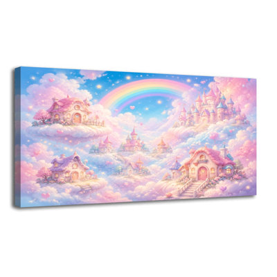 Canvas Wall Art Whimsical Cloud Village Rainbow Fairytale Castles Pastel Colors Wall Decor for Living Room Bathroom Bedroom Office 20"H x 40"W Art Paintings, Ready to Hang