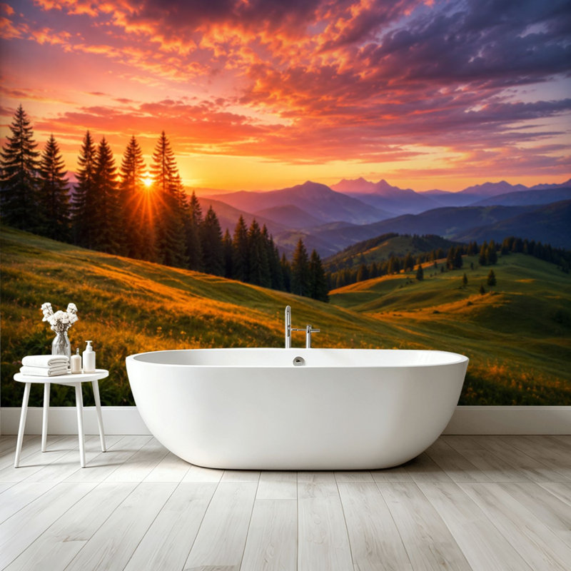Peler et coller papier peint, paysage de montagne, art mural auto-adhésif et amovible, 68.88" L  x 96" W