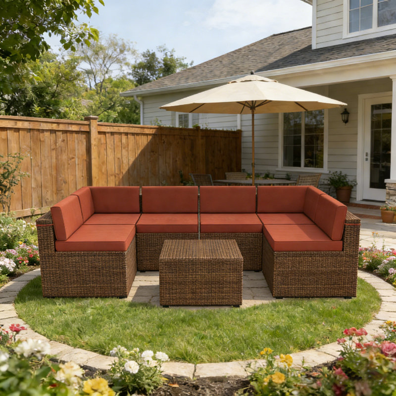 14-Piece Outdoor Cushions For Patio Furniture, Fade Resistant Outdoor Replacement Cushions For Rattaner,Wicker Furniture,Sectional, 6 Cushions And 8 Back Pillows,Brick Red