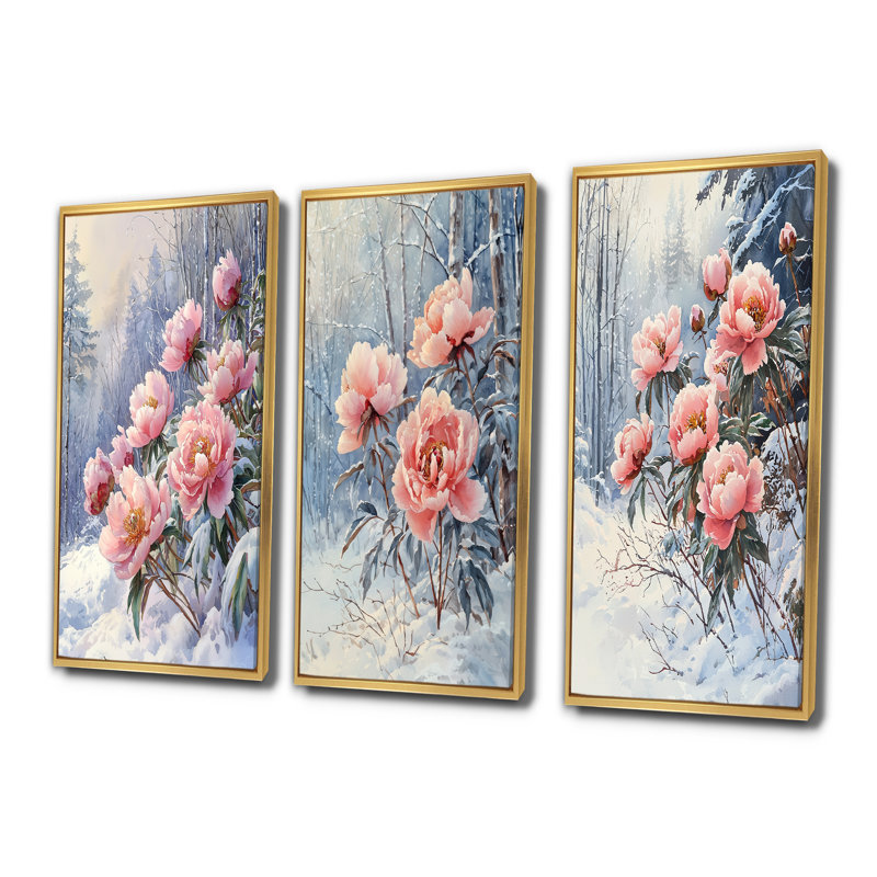 Pivoines d'hiver glacées dans la forêt I - Collection de décorations murales traditionnelles, H 28 po x l 36 po, Doré