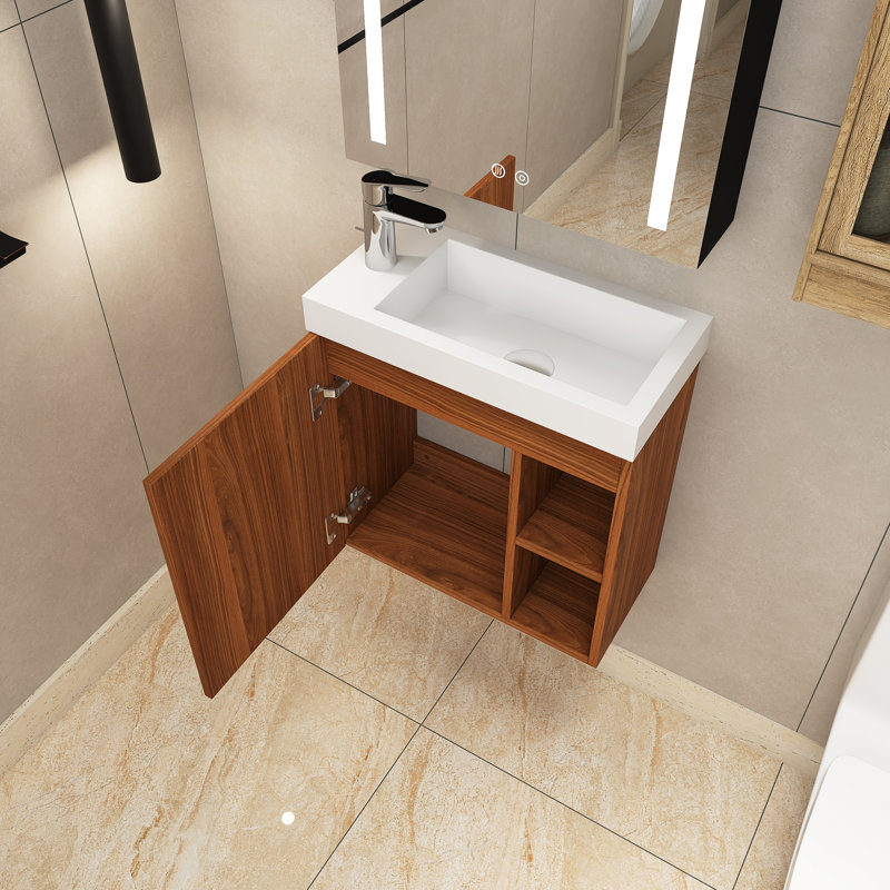Meuble-lavabo mural simple 19,7 po avec plateau en résine Miyo, Noyer, Blanc