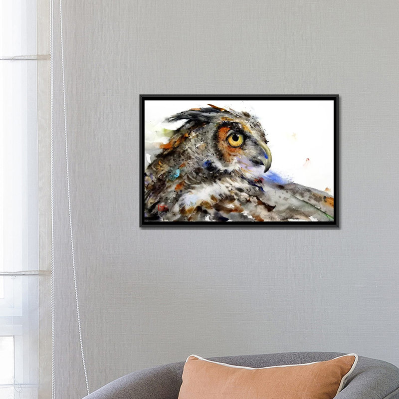 «Owl II», peinture sur toile tendue, H 18 po x l 26 po x P 1,5 po, Toile encadrée noire, Pas de tapis
