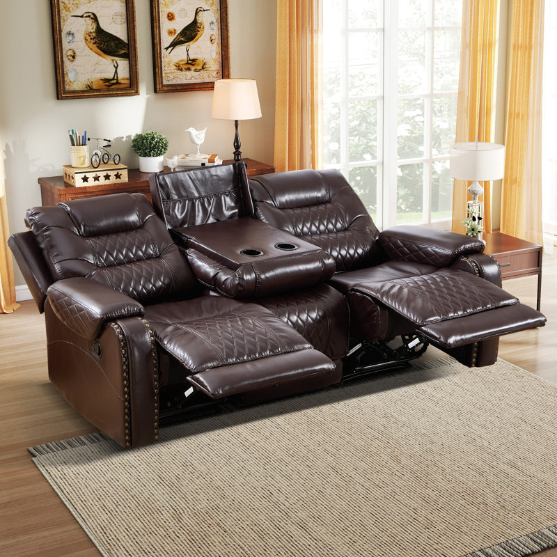 Canapé inclinable manuel rembourré 85 po en similicuir avec console cachée (ensemble de 2), Marron foncé