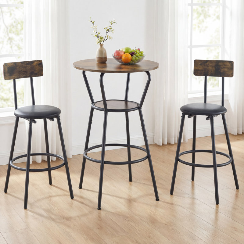 Ensemble de 2 tables de bar rondes rustiques avec tablette et 1 tabouret rembourré, brun rustique et noir
