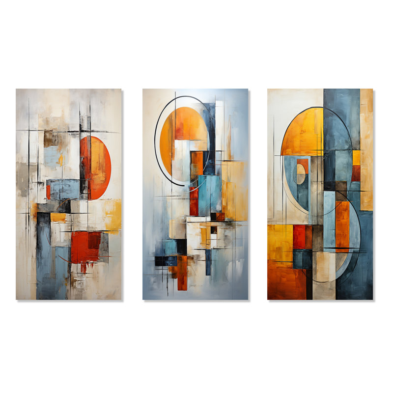 Ensemble de 4 décorations cubiques orange et bleues Cubism, Toile tendue, H 32 po x l 48 po