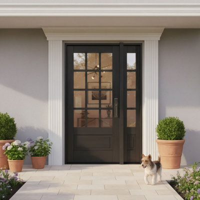 G7512-SW-80_1-1 | Porte simple 80 po + 1 imposte, pré-montée extérieure, 1 panneau, 12 carreaux, 3/4 de carreaux, bois d'acajou brut