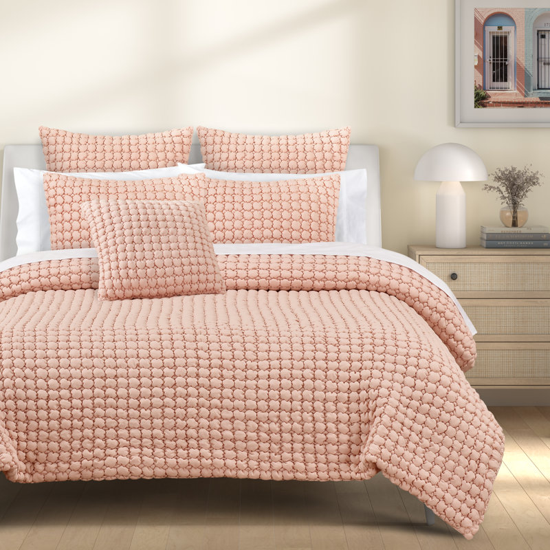 Ensemble de courtepointe Marshmallow Puff, Courtepointe pour lit simple + 1 taie décorative , Rosé