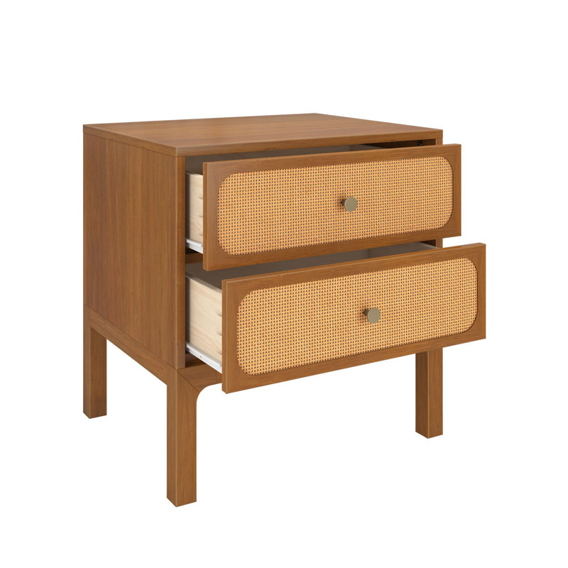 Table de chevet Elio en rotin à 2 tiroirs avec bouton en laiton, couleur noyer