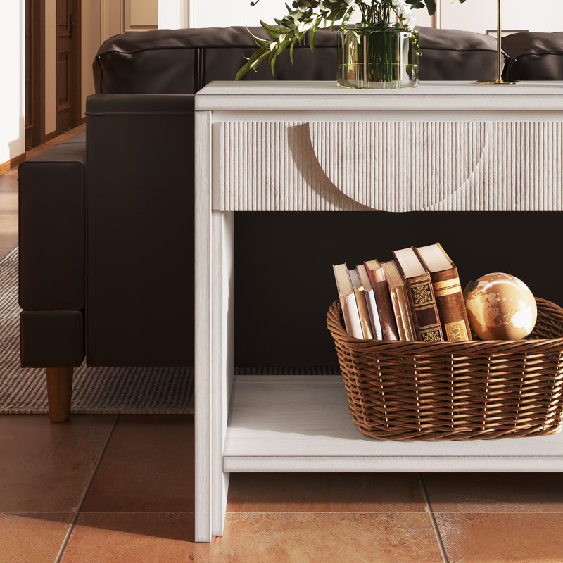 55.12" Wood Distressed Pattern Console Table Sofa Table With Two Drawers And Bottom Shelf Easy Assembly, White