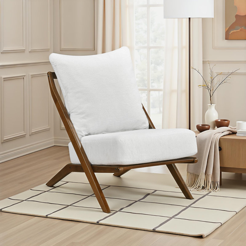 Vestavia 25.5" Mid-Century Modern Accent Chair with Chenille Fabric Upholstery, Solid Rubberwood Frame, Reversible Cushions