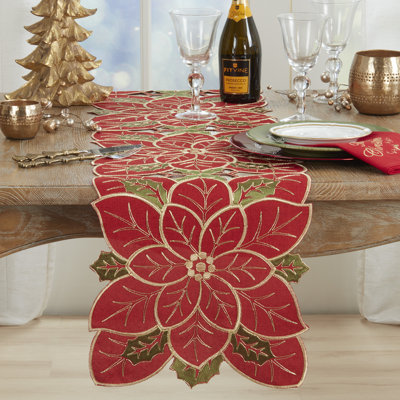 Red & Green Poinsettia Embroidered Giltter Christmas Table Runner 16" X 72"