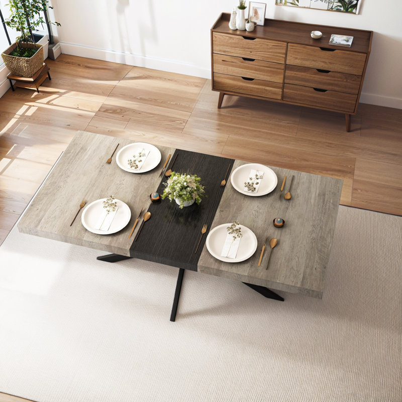 Retro Rectangular Stretch Dining Table With Black Fine Sand Iron Foot Base, 30" H x 70.86" L x 31.5" W, Gray