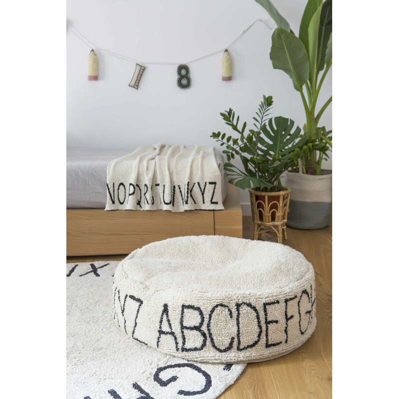 ABC Tufted Round Upholstered Pouf in Natural & Black