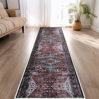 Anti-Slip Low Profile Distressed Oriental Blue Carpet Runner Rug