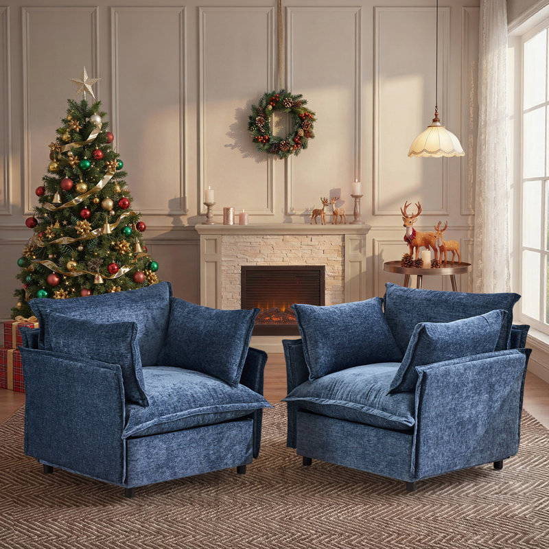 Chenille Upholstered Skirted Arm Chair Accent Chair  With Thin Arms For Living Room, Sea Blue