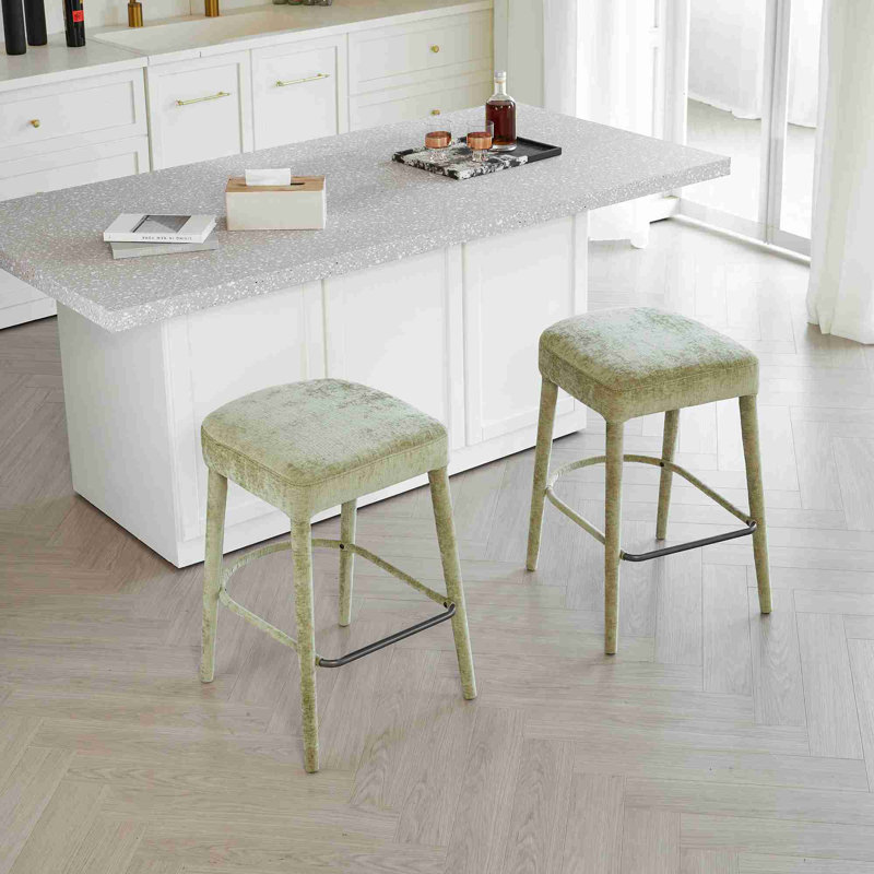 (ENSEMBLE DE 2) Tabouret de bar rembourré en tissu sans dossier, Vert, Vert