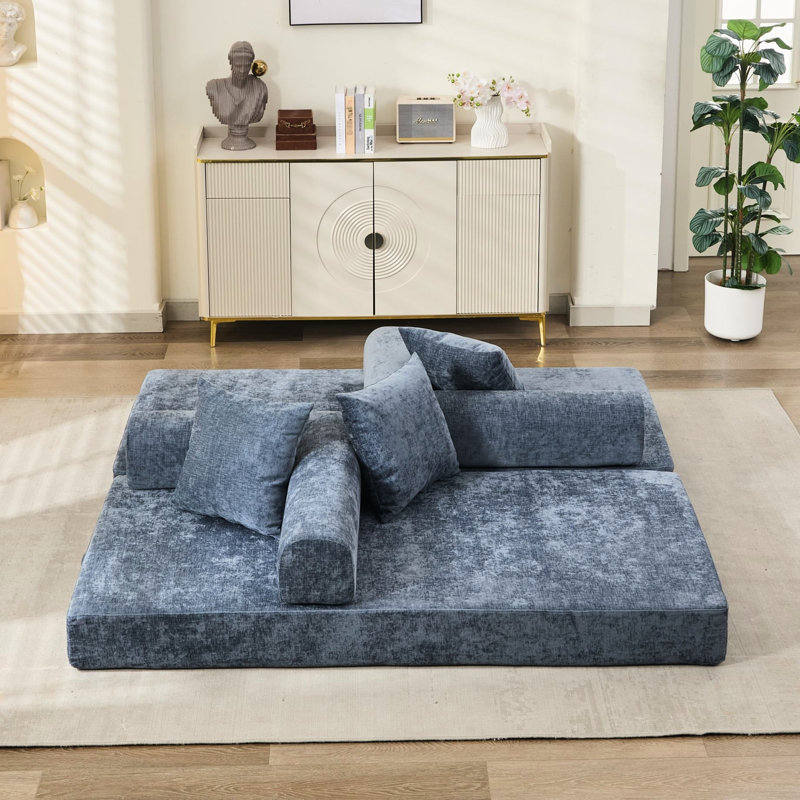 Canapé-lit bleu en chenille convertible en matelas, matériaux, style compact à 3 niveaux, sans tracas d'assemblage, oreillers inclus, matériau respirant, installation rapide, coussin antidérapant pour