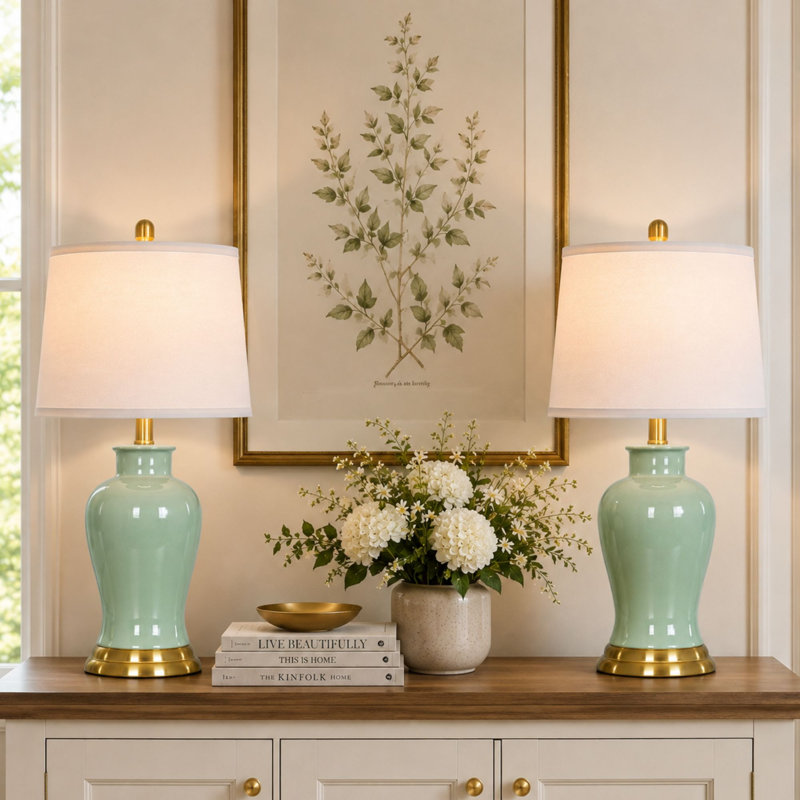 Lampe de table en pot 23 po en céramique avec abat-jour en tissu blanc et ampoule à DEL 23 po, Vert/doré