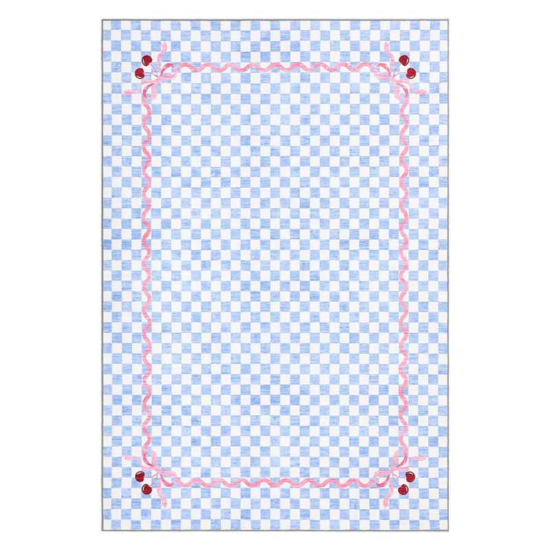 Tapis lavable en faux cerisier Coquette Gingham Cherry avec envers antidérapant, Blue, 9 x 12 pi