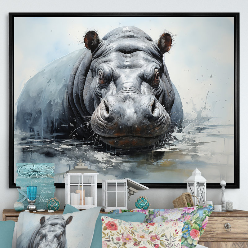 Minimalisme gris hippopotame sur toile, H 34 po x l 44 po x P 1,5 po, Cadre flottant noir