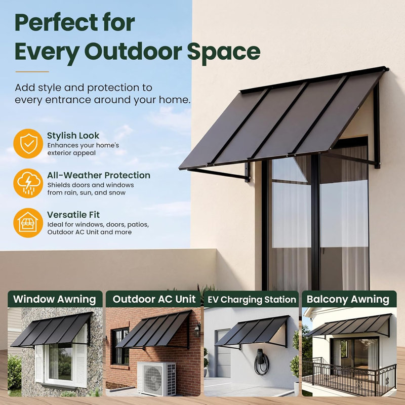 Fixed Metal Door Awning 36*105in, Heavy Duty Steel Frame Window Canopy Weather Resistant Rain Snow Sun Shade for Entryway Porch Patio Garden Garage Storefront, Upgrade DIY Exterior Overhang