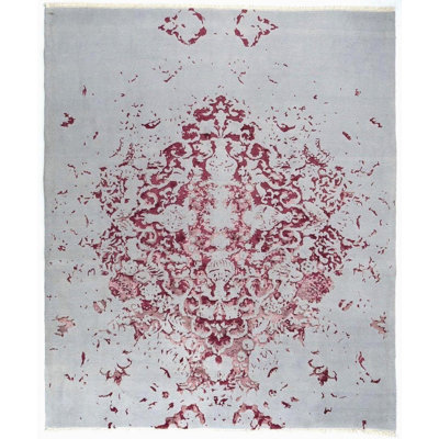 Tapis en soie noué à la main en laine, tapis gris et rose, tapis floral moderne, tapis de salon luxueux, tapis fait à la main turque 8 x 10