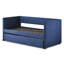Lit de jour à structure en bois avec revêtement bleu et lit gigogne escamotable en tissu, structure, pour la décoration de la chambre à coucher