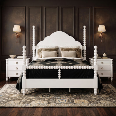 Ensemble de chambre à coucher 3 pièces Roundhill Furniture Avellune: grand lit à affiche avec 3 colonnes et 2 tables de chevet, finition blanche